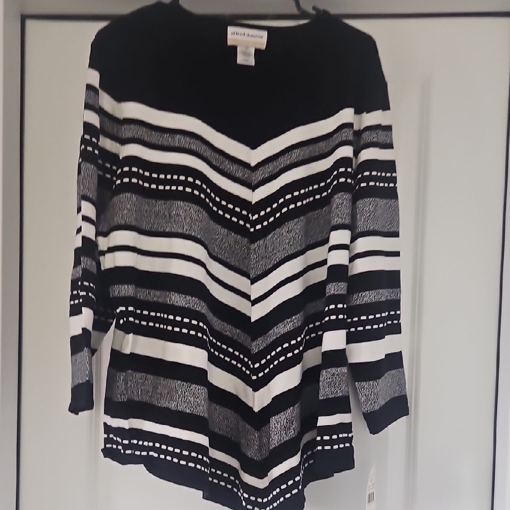 Alfred Dunner Black and White Striped Long Sleeve Top